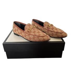 Gucci Jordaan GG Monogram Canvas Horsebit Loafers Beige Brown Flats Size EU 36.5